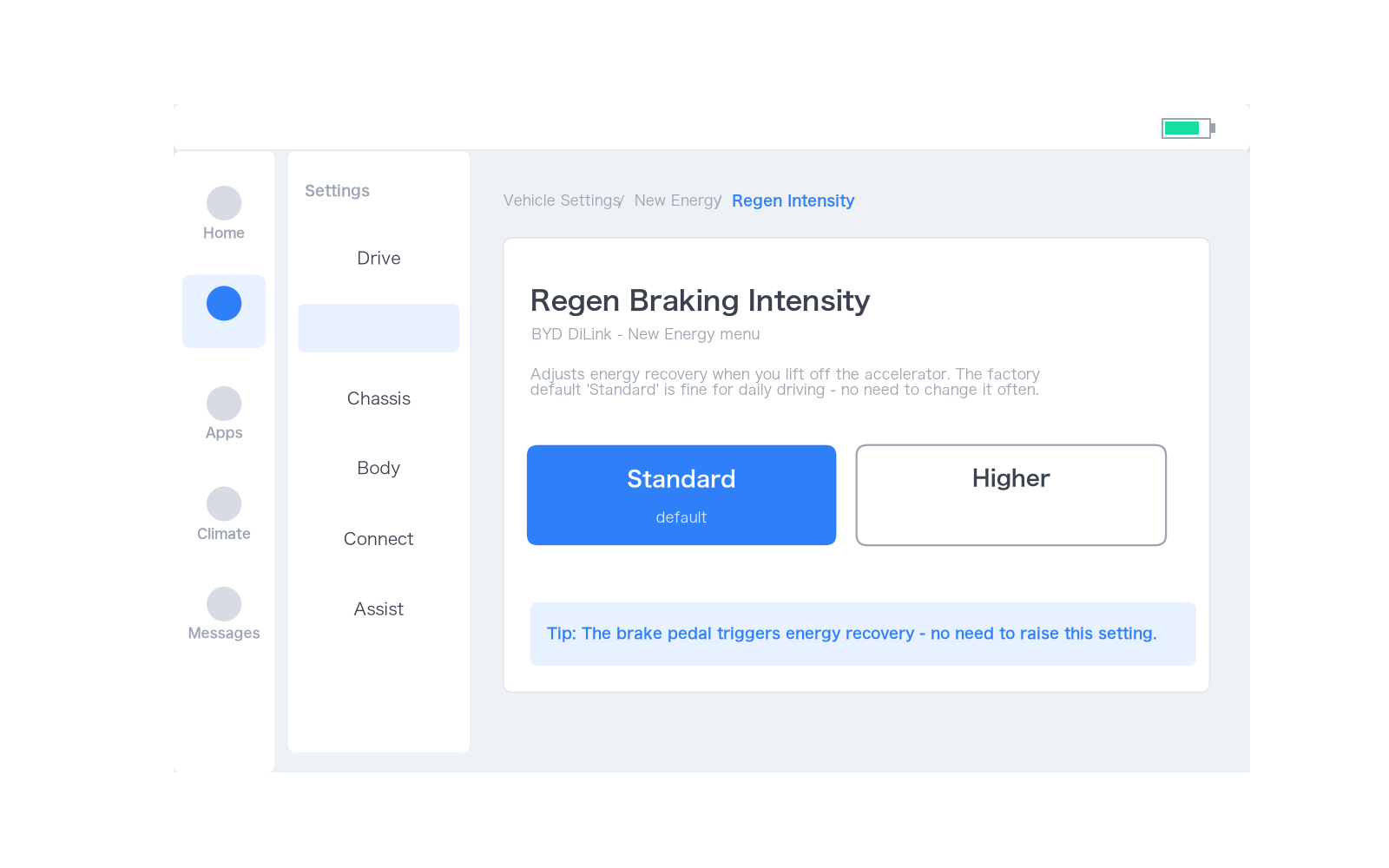 Stylized BYD DiLink screen showing Vehicle Settings > New Energy > Regen Braking Intensity. The default "Standard" setting is fine; the brake pedal is what actually triggers regeneration in BYD's brake-by-wire system.